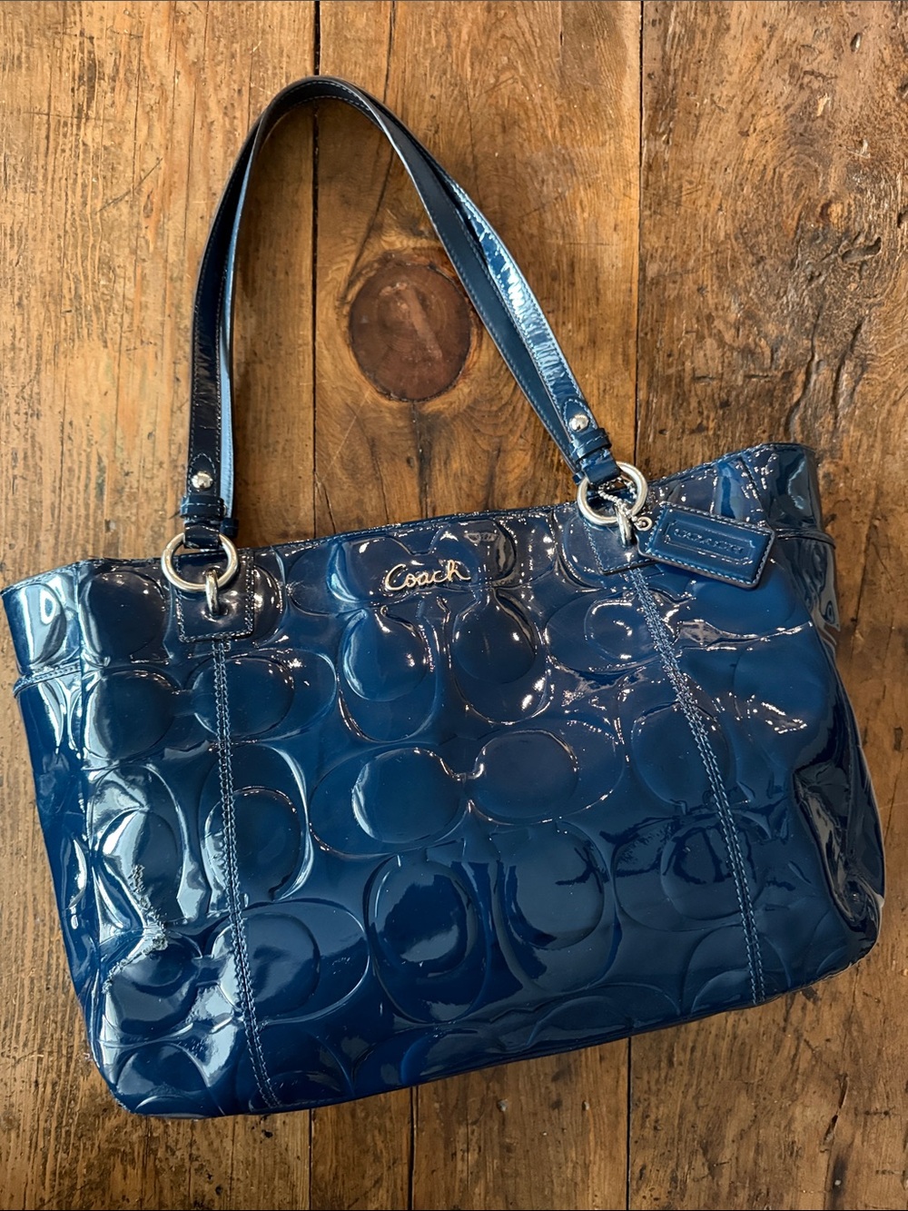 Coach Navy Blue Patent Leather Gallery East West Tote Bag F17729 14x10x4
